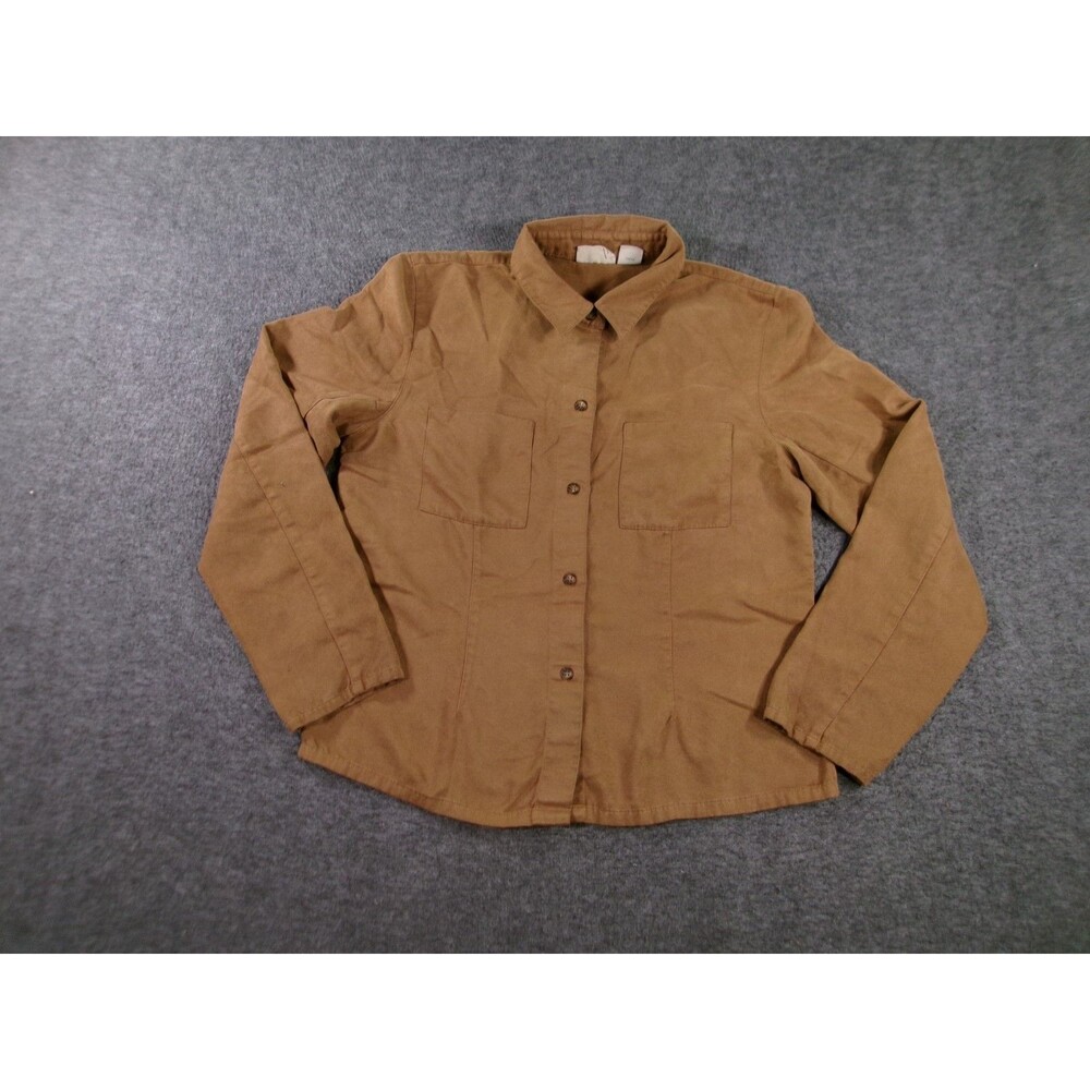 St Johns Bay Top Women Small Tan Suede Long Sleeve Button Office Capsule Casual
